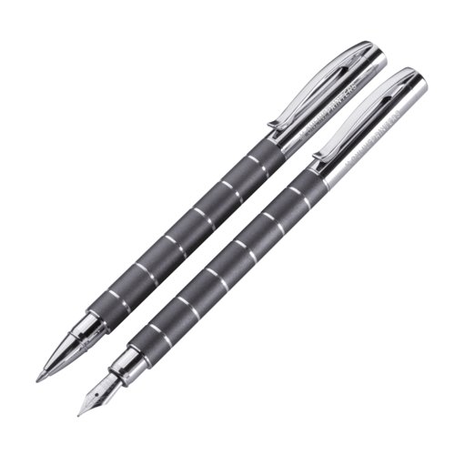 Ensemble d'criture en mtal gris avec stylo  bille et stylo plume.