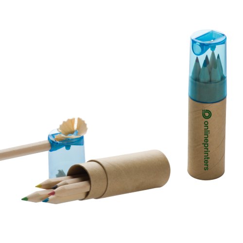 Crayons de couleur en bois dans un tui en carton avec taille-crayon.