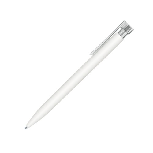 Stylo � bille blanc avec m�canisme � bouton-poussoir et clip.