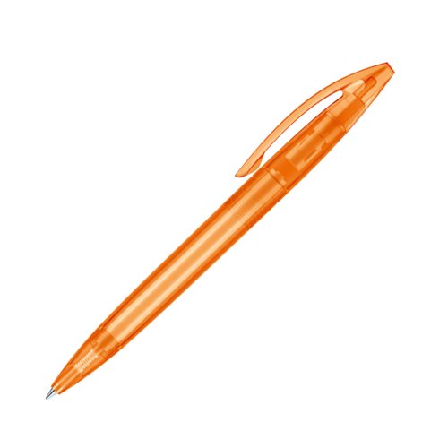 Stylo � bille orange en plastique avec clip et m�canisme � pression.