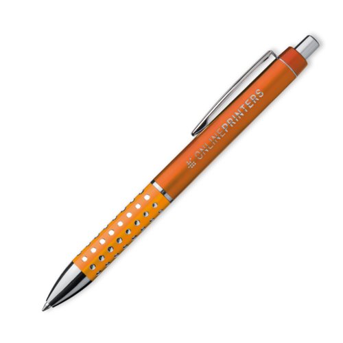 Stylo � bille orange avec clip et bouton poussoir.