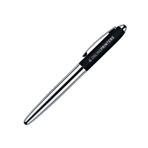 Stylo roller noir en plastique avec �l�ments en m�tal et surface douce.