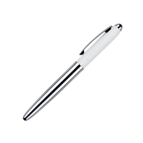 Stylo roller blanc avec �l�ments en m�tal et surface douce.