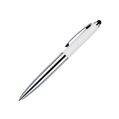 Stylo � bille en m�tal blanc avec touchpad et m�canisme rotatif.