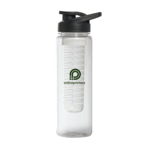 Bouteille d'eau transparente en plastique avec couvercle noir et infuseur  fruits.