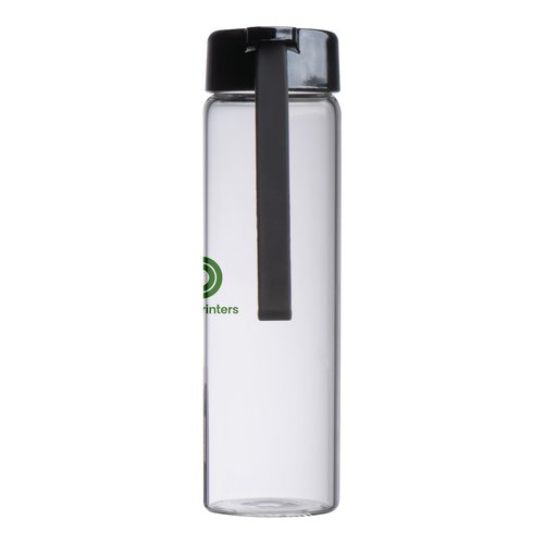 Bouteille en verre transparent avec couvercle en PP et dragonne.