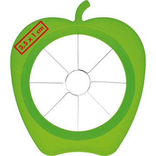 Coupe-pomme en plastique vert avec lames en acier inoxydable.