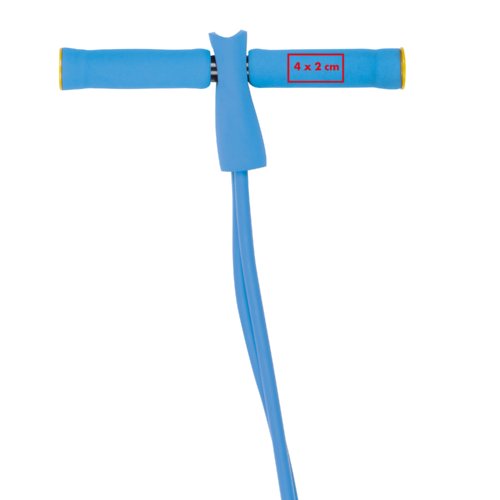 Extenseur de fitness bleu en caoutchouc avec poignées.