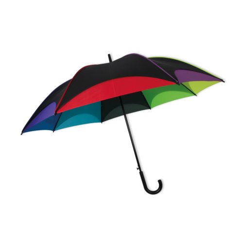 Parapluie automatique multicolore avec poigne courbe.