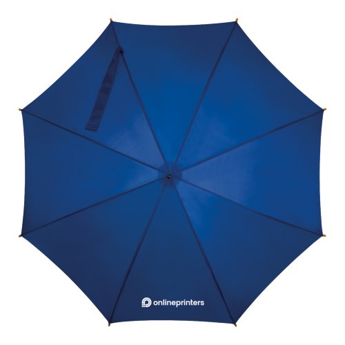 Parapluie automatique en bois bleu avec poigne courbe.
