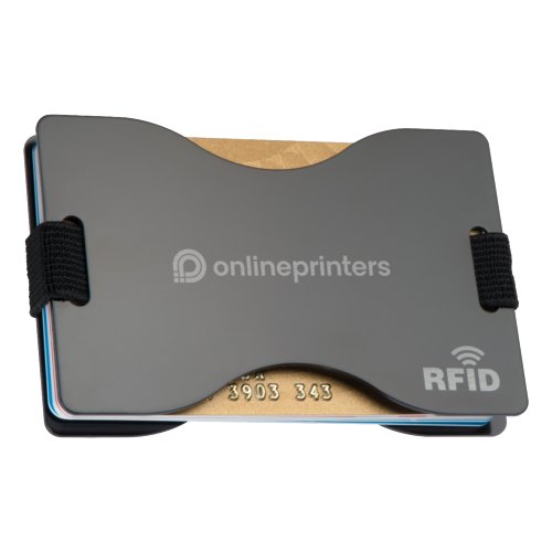Porte-cartes en mtal gris avec protection RFID et bande lastique.