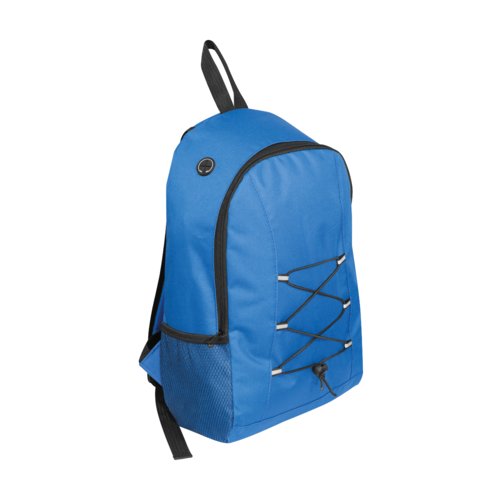 Sac � dos bleu avec bretelles r�glables et cordons �lastiques.