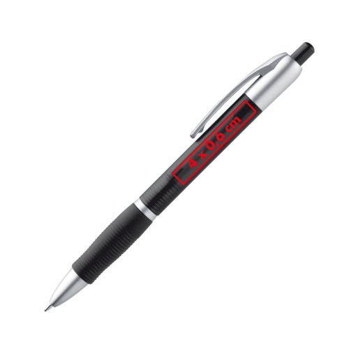 Stylo  bille en plastique noir avec clip et bouton poussoir.