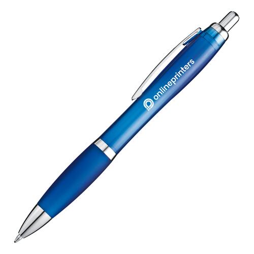 Stylo � bille en plastique bleu � motif, avec clip et bouton poussoir.