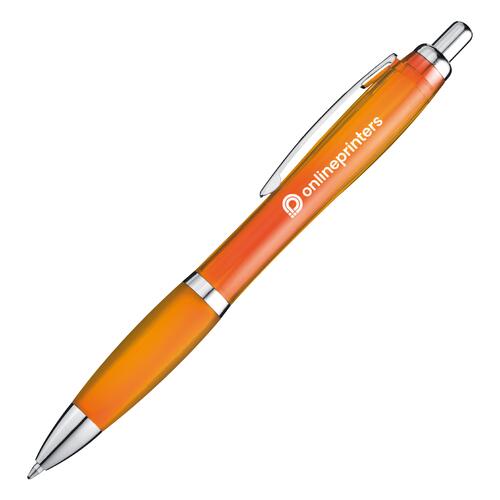 Stylo � bille en plastique orange avec clip et bouton poussoir.