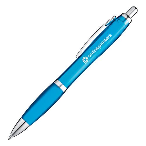 Stylo � bille bleu clair avec clip et bouton poussoir.