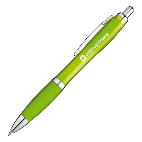 Stylo � bille en plastique vert pomme avec clip et bouton poussoir.