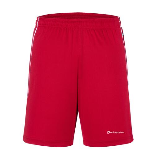 Short rouge en polyester avec ceinture �lastique et bandes blanches.
