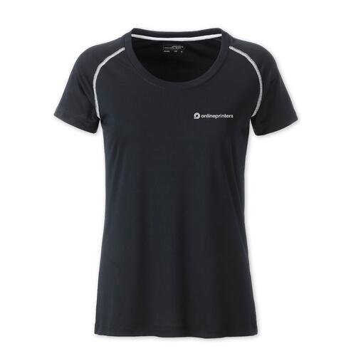 T-shirt de sport fonc� en tissu pour femmes avec manches courtes.