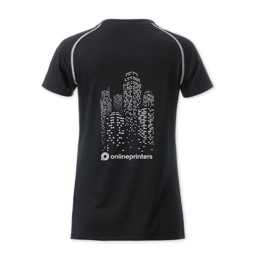 T-shirt de sport pour femmes en polyester noir et blanc.