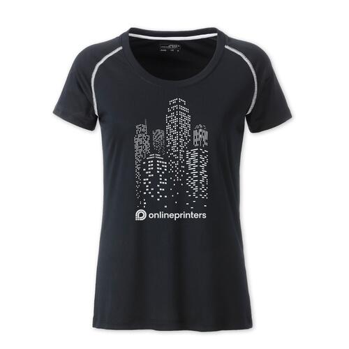 T-shirt de sport noir et blanc pour femme en polyester, respirant.