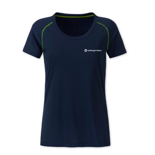 T-shirt marine/jaune n�on pour femme en polyester.