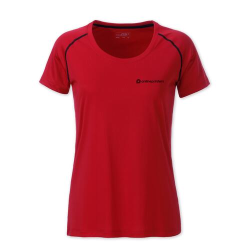 T-shirt rouge en polyester pour femmes avec manches courtes.