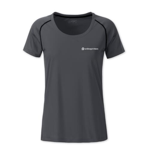 T-shirt de sport en polyester gris fonc� pour femmes avec manches courtes.