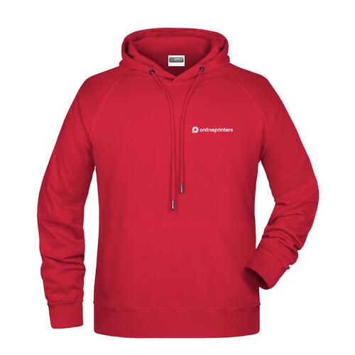 Sweat � capuche rouge en coton-polyester pour homme avec cordon de serrage.