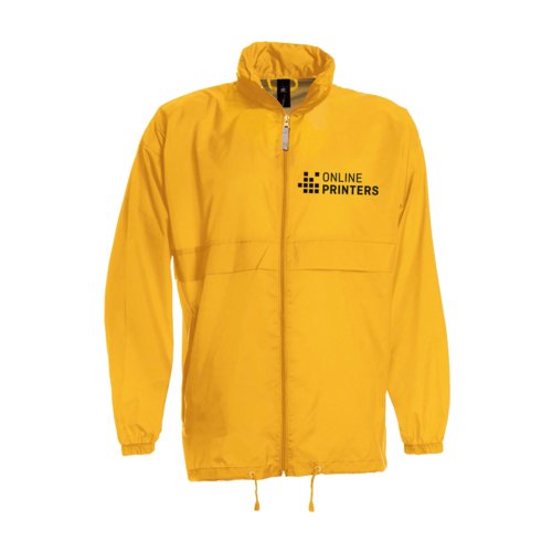 Coupe-vent jaune dor en nylon avec fermeture clair et capuche.