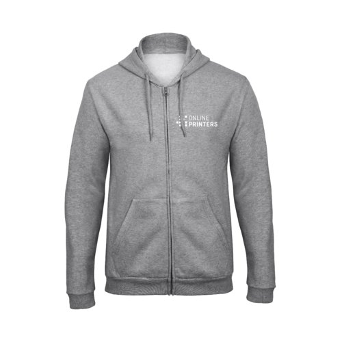 Veste de survtement chine grise en mlange polyester-coton avec fermeture clair intgrale et capuche.