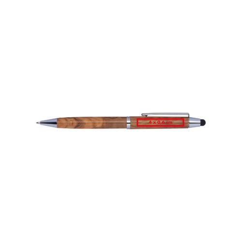 Stylo à bille en bois avec fonction tactile et clip.