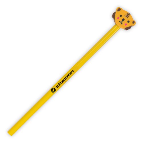 Crayon en bois jaune avec un embout en forme de tte d'animal.