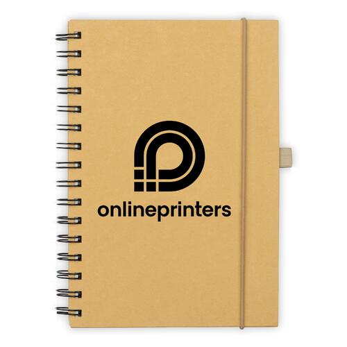 Carnet brun avec fermeture lastique et reliure spirale.