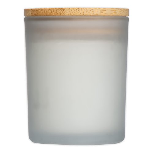 Bougie blanche en verre avec couvercle en bois.