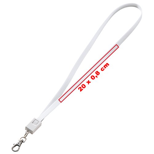 Lanyard blanc en polyester avec mousqueton et câble de chargement universel.