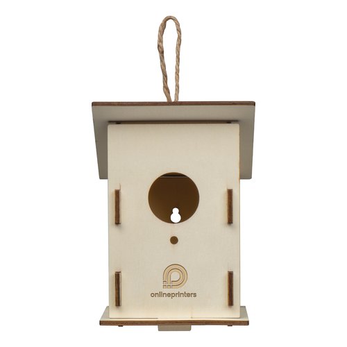 Nichoir en bois beige avec suspension en corde.
