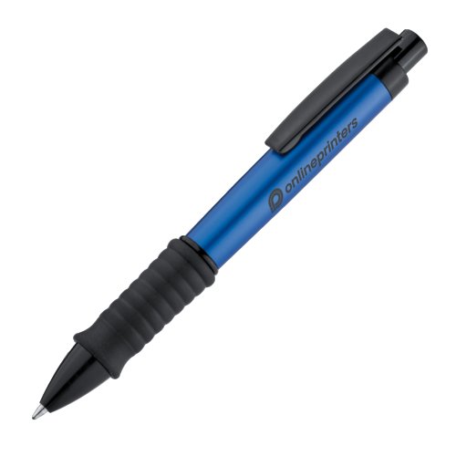 Stylo  bille en plastique bleu avec clip et zone de prhension caoutchoute.