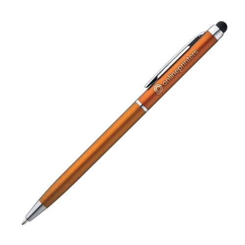 Stylo  bille orange en mtal avec fonction tactile et clip.