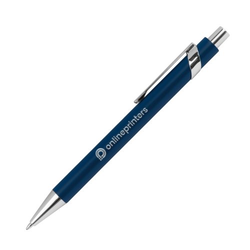 Stylo  bille en mtal bleu fonc  motif, clip et mcanisme  poussoir.