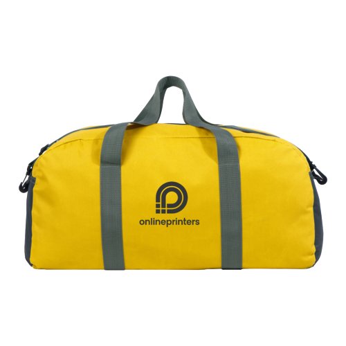 Sac de sport jaune en tissu avec fermeture �clair et poign�es.
