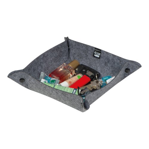 Plateau de rangement en feutre anthracite avec motif et boutons-pression.