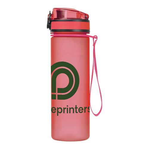 Bouteille d'eau rose en Tritan avec couvercle et dragonne.