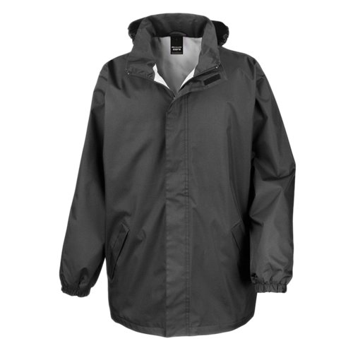 Veste de pluie noire en polyester avec capuche.