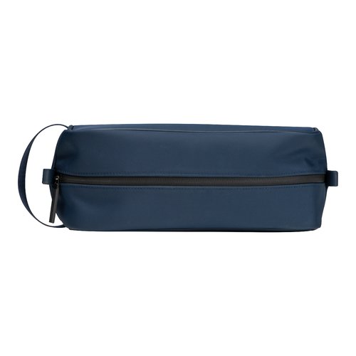 Trousse de toilette bleu fonc avec fermeture clair et boucle de transport.