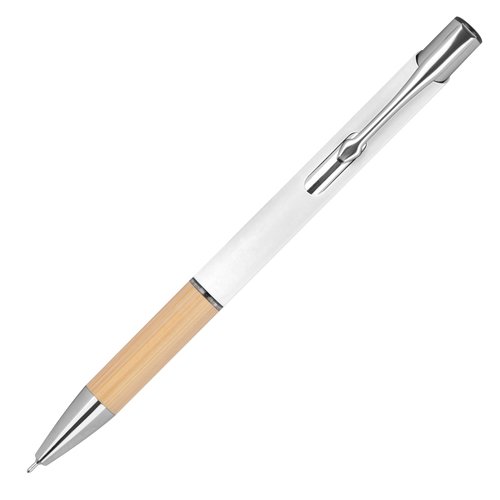 Stylo gel blanc recycl avec clip et mcanisme  poussoir.