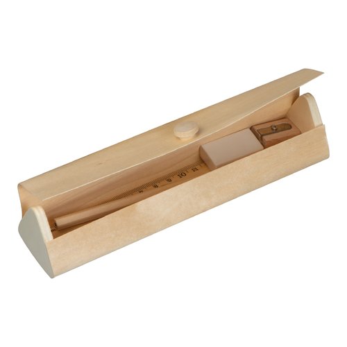 Set d'criture en bois beige avec crayon, rgle, taille-crayon et gomme.