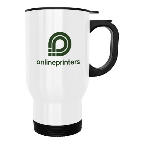 Mug isotherme en acier inoxydable avec poigne et couvercle en plastique.
