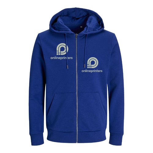 Veste de surv�tement bleu fonc� en m�lange de coton, coupe unisexe avec capuche et fermeture �clair int�grale.
