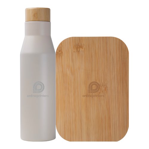 Gourde grise en acier inoxydable avec couvercle en bambou et bote  lunch en bambou en ensemble.